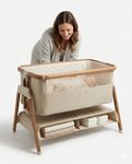 Venture Sona Next To Me Crib – Adjustable Baby Bed with Dropside, Premium Mattress, Breathable Mesh & Storage Shelf - No-Tool Assembly Bedside Baby Crib, Bassinet for Newborns 0–6 Months - Beige