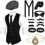 Blulu 1920s Mens Costume Accessories Set 1920s Mens Costume Gangster Costume Accessories Vest Newsboy Hat Pocket Watch Tie (Medium)