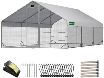 Large Walk-in Metal Chicken Coop with Chicken Run & Hardware Cloth, Solar Light, Waterproof & UV-Resistant Cover, Outdoor Poultry Cage for Farm Use, 3 Room