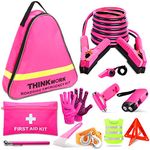 THINKWORK Car Emergency Kit for Teen Girl and Lady's Gifts, Pink Emergency Roadside Assistance kit with 10FT Jumper, First Aid Kit, Safety Hammer, Tow Rope, and More Pink Car Accessories Tool