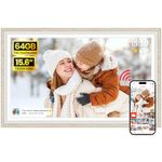 64GB Frameo 15.6" Digital Picture Frame Large 1920 x 1080 IPS FHD Touch Screen WiFi Electronic Photo Frames Share Moments Instantly Anywhere Best Gifts for Parents and Grandparents White Wood