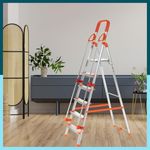 Houza 6 Step Foldable Aluminium Ladder with Railing for Home | Ladder with Anti-Slip Shoes | Slip Prevention Steps | Durable, Heavy Duty, Safe, and Stylish | Made in India (Orange)