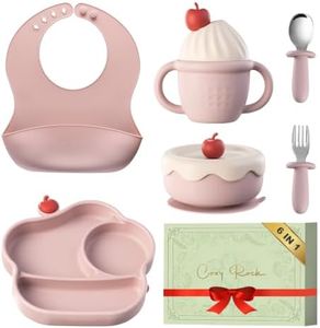 COZY ROCK Silicone Baby Feeding Set, Gelato Collection 6-Piece BLW Starter Kit with Strong Suction Plate & Bowl, Straw Cup, Bib, Fork & Spoon, First Self-Feeding Ice Cream Set - Pink
