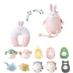 JOYRAVO 2-in-1 Travel Pillow for Kids - Soft and Adorable Animals Plushie That Converts into a U-Shaped Neck Pillow for Comfort During Airplane, Train, Bus Trip -Pink Rabbit