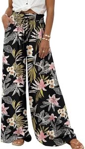 LILLUSORY Women Elastic Casual High Waist Wide Leg Pants 2026 Summer Long Palazzo Pant with Pocket Beach Vacation Clothes Black Print XL