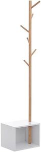 HOMCOM Meuble Rangement Porte-Manteaux 2 en 1 Design Contemporain Cosy dim. 40L x 30l x 180H cm MDF Blanc Bois Massif Bambou