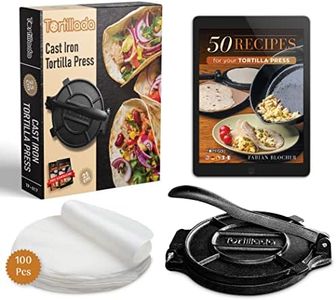 Tortillada – 10 inch Tortilla Press + Parchment Paper (100 pcs) - Pre-Seasoned Cast Iron with Recipes E-Book