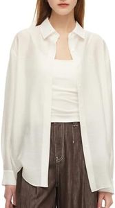 GOELIA Womens Shiny Sheer Blouse Top and Camisole Two Piece Sets for Women Button Up Blouse Long Sleeve Sexy See Through Tops Mesh Shirts with Removable Bra Pads Tank Top Off-White
