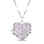 925 Sterling Silver 16" Personalized Pink Cubic Zirconia Heart Photo Locket Necklace - Shiny Heart Shape Pendant Locket Necklaces for Children & Preteens - Fashionable Pave Set CZ Jewelries for Girls