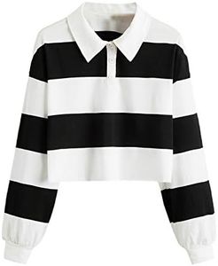 SweatyRocks Women's Long Sleeve T-Shirt Button Front Striped Polo Shirt Black White M