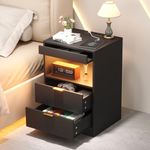 Yusong LED Nightstand Bedside Table with Charging Station 2 Drawers, Black Modern Sofa Couch End Side Table with LED Lights and Pull-Out Shelf for Bedroom Living Room, Wooden