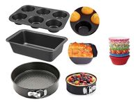 Xacton Cake Baking Set Microwave Safe Utensils 4 pc Combo of Round Cake Mould tin, Bread Loaf Pan, 6 Slot Muffin Tray, & 100 Pcs Paper Cake Cup Liners I Microwave Oven Accessories Black