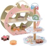 CUTE STONE Wooden Toy Tea Party Set, Kids Dessert Playset with Double-Sided Holiday Stand, Halloween Pumpkin & Ghost Theme, Cupcake Stand, Pretend Play Baking Food for Toddler 3-6 Years Old Girls Boys