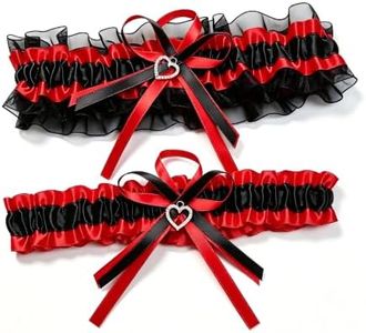Baillmyy Garters for Bride Black Satin Wedding Bridal Garter with Bow Heart Lace Prom Leg Garter Belt for Party Red