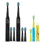 AGARO COSMIC Sonic Electric Tooth Brush Pack of 2 For Adults + Rex Sonic Electric Tooth Brush For Kids, 6 Brush Heads For Adults & 2 Brush Heads For Kids, Rechargeable, Family Pack, Black + Blue