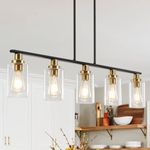 Heircido Island Light for Kitchen, 5 Lights Dining Room Lights Fixture with Clear Glass Shade, Matte Black and Gold Finish Pendant Lighting Over Table - ETL Listed