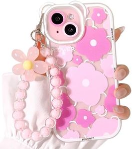 NITITOP Compatible for iPhone 15 Case Clear Cute Flower Floral Bear for Girls Women Pattern with Chain Lanyard Wrist Strap Soft TPU Shockproof Protective Girly for iPhone 15-Bear Pink