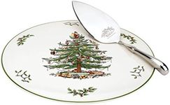 Portmeirion Spode Christmas Tree Cake Plate & Server Set - 11.5 Inch Fine Porcelain Cake Plate with Stainless Steel Server for Holiday Parties - Festive Christmas Tableware, Seasonal Dinnerware