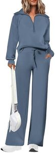 PRETTYGARDEN Women's 2 Piece Outfits Casual Lapel Half Zip Sweatshirts and Wide Leg Pants Tracksuit Sets (Grey Blue,Medium)