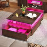 YITAHOME Coffee Table with Storage for Living Room, Modern LED Coffee Table, Square Tea Table with 2 Sliding Drawers Wood Center Table Acrylic Glass Coffee Table, Brown