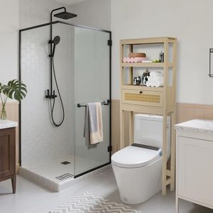 GORZING Over The Toilet Storage Cabinet, 3-Tier Behind Toilet Bathroom Organizer, Wooden Above Toilet Storage Shelf with Rattan Door, Space Saver for Restroom, Bathroom, Laundry