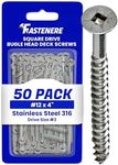 Fastenere Stainless Steel Deck Screws -316 Marine Grade #12 x 4 (50 Pack) Flat Head Square Drive Wood Cutting Point for Exterior, Wood, Decking, Cabinet, Fence, Trailer, Composite Type 17 Point