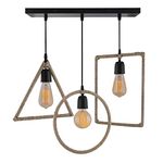 3-Lights Linear Cluster Chandelier Hemp Rope Rectangle, Triangle,Pendant Light with Braided Cord