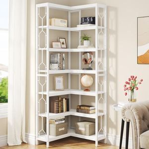 Tribesigns Corner Shelf, 7-Tier Industrial Corner Bookshelf, Wood and Metal Corner Etagere Bookcase, Freestanding Display Shelf for Living Room, Kitchen, Home Office, White