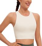 CRZ YOGA Butterluxe Womens Racerback High Neck Longline Sports Bra - Padded Workout Crop Tank Tops with Built in Shelf Bra White Apricot Large