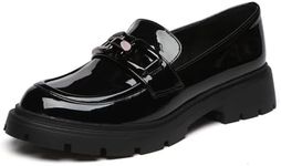 Vera Creation Women's Chunky Platform Loafers with Chain or Buckle Patent Leather Penny Loafers Fashion Business Work Shoes Comfort Slip-on, Black+black Buckle1, 8