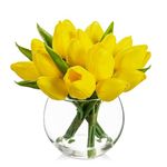 Oairse 14pcs Small Artificial Flower in Vase Real Touch Faux Tulips Flower in Cube Glass Vase with Faux Water Mini Yellow Tulip Bouquet Arrangement for Home Wedding Table Centerpiece Decor