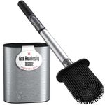 Premium Silicone Toilet Brush with Holder Good Housekeeping Approved - Stainless Steel Wall-Mounted & Free-Standing, Toilet Brushes & Holders with Flexible Flat Brush Head & Soap Dispenser -Silver