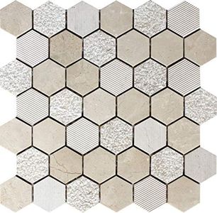 Textured Honeycomb Hexagon Crema Marfil Marble Mosaic Tile – 5 Sheets for Backsplash, Bathroom, Shower, Floor - Not Peel & Stick – 4.92 sq. ft./Case - Water-Resistant Indoor Decorative Natural Stone