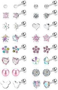 Jstyle 16 Pairs Surgiacl Steel Screw Back Earrings Stud for Girls Women 20G Tiny Cartilage Stud Earrings CZ Heart Flower Star Ball Screwback Flat Back Studs