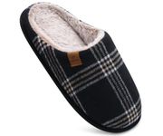 COFACE Mens Black Flano Plaid Cozy Memory Foam scuff Slippers Slip On Warm House Shoes Indoor/Outdoor With Best Arch Surpport Size 11