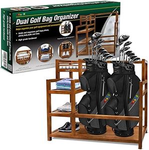 HUAEN Wooden Golf Storage Garage Organizer - Golf Bag Storage Rack for Garage Golf Bag Stand for 2 Golf Bags Golf Equipment Accessories Ideal for Garages Clubhouses Sheds Basements