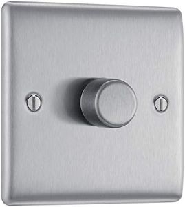 BG Electrical Single Dimmer Intelligent Light Switch, Brushed Steel, 2-Way