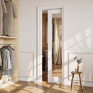 CRUTOP Pocket Door, 24" x 80" One Sinde Mirrored Solid Core Door Slab & Door Frame & Hardware & Soft Close, Interior Sliding Door, Easy to Install, Close Without Slamming or Pinching Fingers