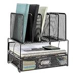 Amazon Basics Mesh Desk Organizer with Sliding Drawer, Double Tray and 5 Upright Sections, Black