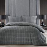 Nimsay Home Melange Soft Cosy 100% Brushed Cotton Flannelette Woven Check Bedding with Blanket Stitching (Double Duvet Cover Set, Grey)