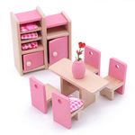 POFET Children Wooden Dining Room Dollhouse Miniature Furnitures Dining Table Chairs Cabinet Toy Set Doll Family Pretend Play Accessories