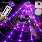 5Ft Giant Spider 20 * 17FT Halloween Spider Web 150 Led Purple Lights Light Up Lighted TriangularBattery Operated Waterproof with 200sqft Cobweb and 20 Small Spiders for Indoor and Outdoor Decor