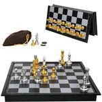 2-in-1 Chess and Checkers Game Set, Exqline 9.84” Travel Magnetic Chess Game Set for Adult and Kids, Compact Plastic Folding Portable Chess Board Set for Beginner Tournament, Gold