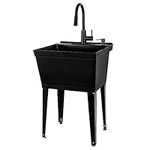 All Black Utility Sink with High Arc Black Kitchen Faucet By VETTA - Pull Down Sprayer Spout, Heavy Duty Slop Sinks for Washing Room, Basement, Garage, or Shop, Free Standing Laundry Tub Deep Plastic