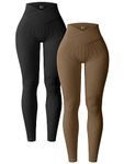 OQQ Women's 2 Piece Yoga Leggings Ribbed Seamless Workout High Waist Cross Over Athletic Exercise Leggings Black Coffee