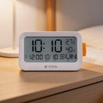 Titan Digital Alarm Clock with LCD Display, Day Date Month Temperature & Humidity, Model T0006PD01 | 14 cm x 7.8 cm x 6 cm