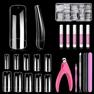 MORGLES 500 Pcs Clear Acrylic Nail Tips Square Full Cover with Nail Clipper Files and Glues Cuticle Fork for Home DIY with Box