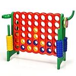 COSTWAY Giant Connect 4, 3-in-1 Indoor Outdoor Family Game with Basketball Hoop, Ring Toss, 42 Jumbo Rings, Quick-Release Slider, Four in A Row Game Set for Kids Adult (Green)