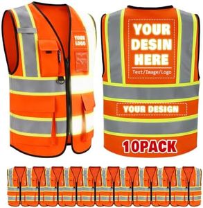 Jykuvtf Custom Safety Vest with Logo, Hi-Vis Reflective Work Vest with Pockets, Personalized High Visibility Vest, Enhanced Visibility for Construction, Road Work and Job Sites, Orange 10pack