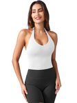 YEOREO Women's Halter Crop Top V Neck Workout Going Out Tank Top Hazel Padded Sleeveless Backless Trendy Summer Camisole White Small